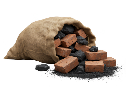 Isolated Pile of Brown Bricks and Black Coal Spilling from Burlap Sack