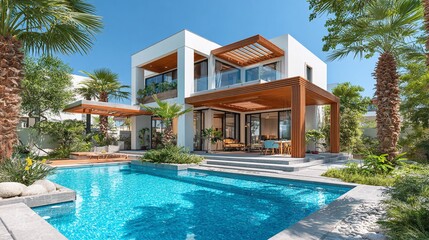 Fototapeta premium A modern villa with a swimming pool surrounded by palm trees against a clear blue sky offers a luxurious and tranquil outdoor living experience.