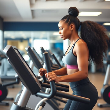 Young black sportswoman using elliptical trainer while exercising in gym.