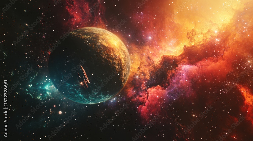 Poster exploring a distant planet amidst vibrant cosmic clouds and celestial phenomena in the vastness of s