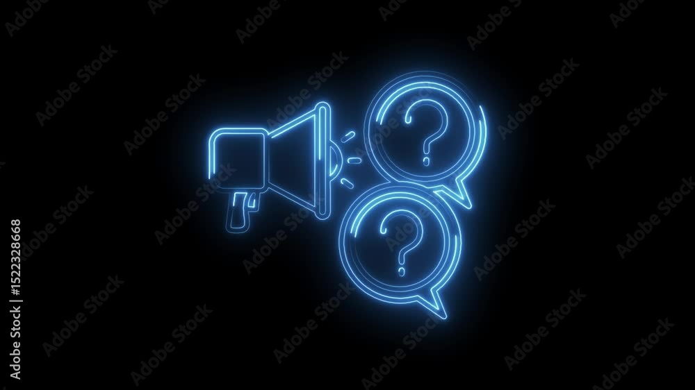 Poster neon megaphone with question marks animation on black background for questions and answers