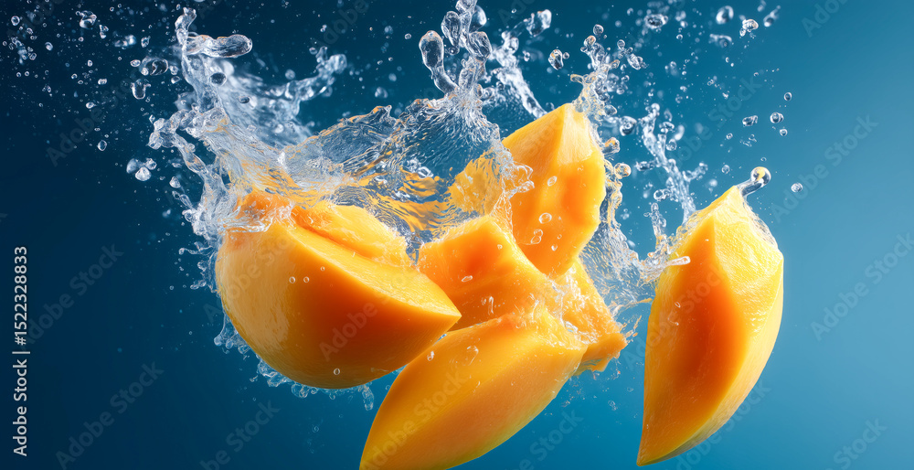 Poster fresh mango pieces jump into clear water, creating a splash around them.