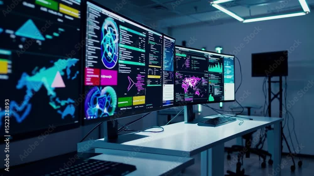 Poster Cybersecurity dashboard analysis with data visualization, glowing screens, modern office, and focused professional monitoring