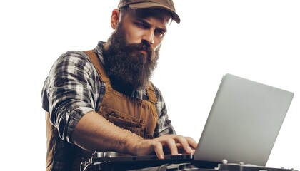 Man in overalls working on a laptop computer.