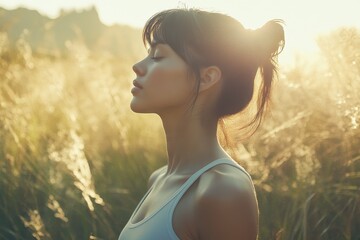 Serene Woman Practicing Yoga Breathing in Nature for Fitness and Relaxation