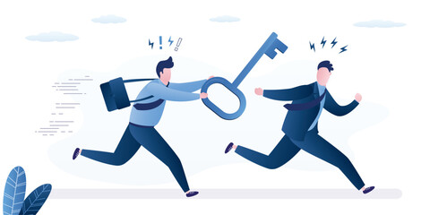 Partners, businessman passes key to male colleague while running. Give tips and support for successful work. Relay, job handover or partnership.