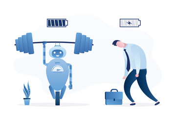 Cyborg with full battery charge and unhappy tired businessman with low battery. Robot with artificial intelligence replace burnout worker man.