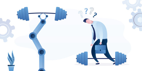 Strong and smart cyborg arm with lifting heavy dumbbell and unhappy tired businessman without power. Robot with AI replace burnout worker man.