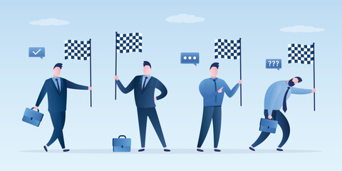 Set of happy male employees holding the finish flags. Confident businessman successfully completed task, job or lesson. Winner, rewarding, leader at finish line, victory.