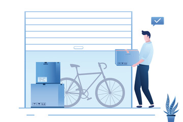 Smart man keeping personal belongings in rented storage space. Mini garage rental. Self storage, landing page template. Businessman holding key. Small mini warehouse unit.