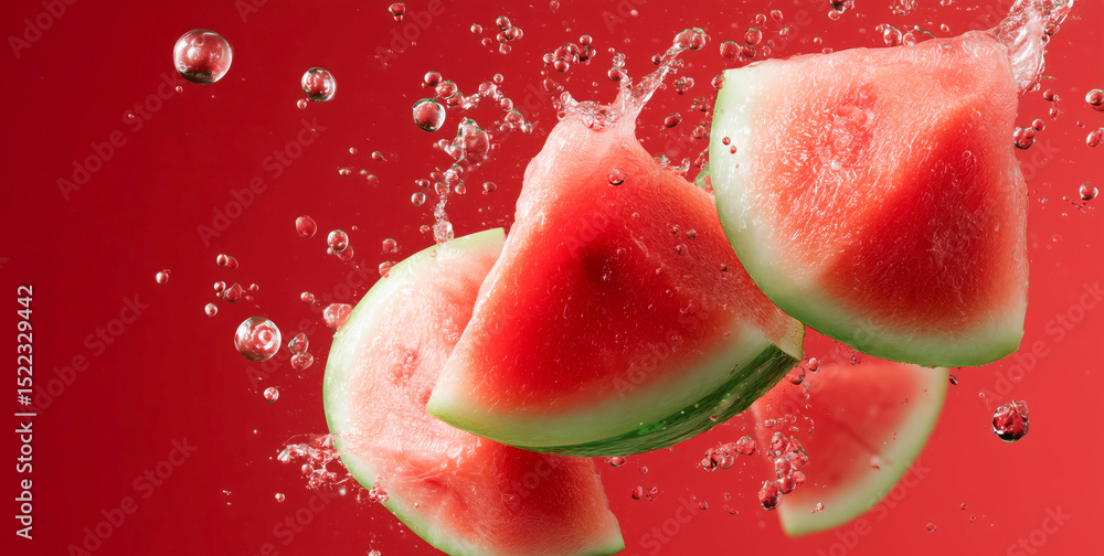 Poster juicy watermelon slices dive into clear water, creating splashes that catch the light. the vibrant r