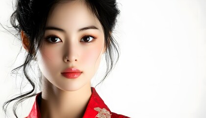 Close-up portrait of a woman with elegant makeup and hairstyle.