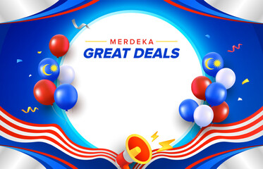 Malaysia Day or Hari Merdeka sale celebration blue neon style background design. Vector illustration template with balloons, mega speaker and flag stripes.