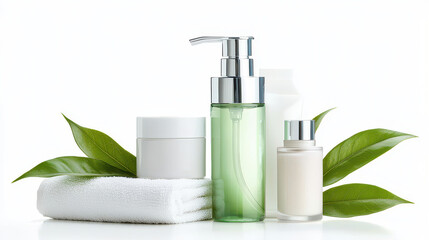 Serene arrangement of skincare products including green pump bottle, white jar, and small glass bottle, surrounded by fresh leaves and towel