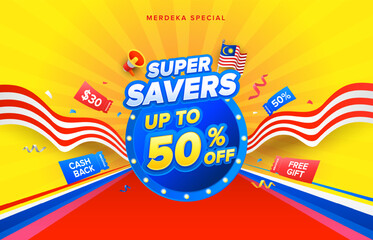 Malaysia Day or Hari Merdeka retro lightbulb style sale promotion design. Vector illustration template with voucher, mega phone, celebration confetti and flags.