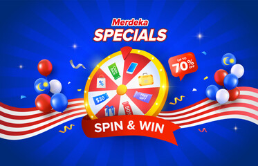 Malaysia Day or Hari Merdeka spend and win wheel promotion blue background design. Vector illustration template with balloons, celebration confetti and flag stripes.