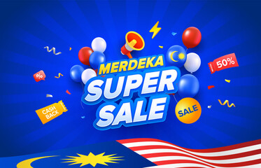 Cool Malaysia Day or Hari Merdeka celebration sale promotion design. Vector illustration template with voucher, balloons, mega phone, vouchers, confetti and flags.