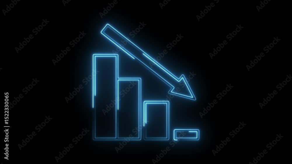 Poster neon style decreasing bar graph with falling arrow animated against black background