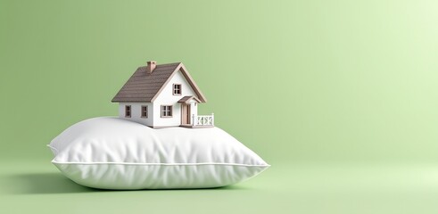 Decorative house model on plush pillow with detailed roof and fence, symbolizing secure, cozy living environment