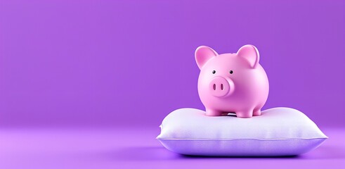 Cute pink piggy bank on plush white pillow with purple background, minimalist concept of safe savings and budgeting