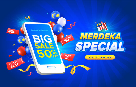 Malaysia Day or Hari Merdeka big sale online promotion with blue background concept. Vector template with phone, balloons, vouchers and confetti.