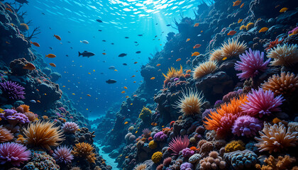 Naklejka premium Underwater coral reef filled with colorful fish and glowing sea creatures 
