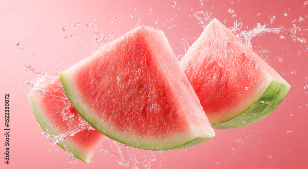 Poster slices of watermelon are splashing with water against a vibrant background. this colorful display sh
