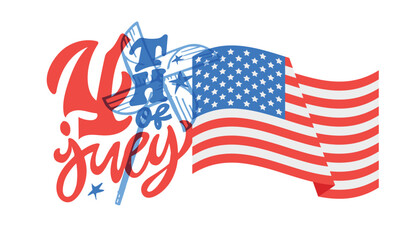 Happy 4th of July - Independence day of America. Hand drawn doodle lettering fot postcard, t-shirt design, mug print.