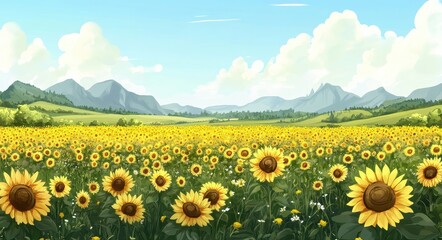Obraz premium Vibrant Sunflower Illustrations: A Blazing Field of Flowers Under a Bright Blue Sky