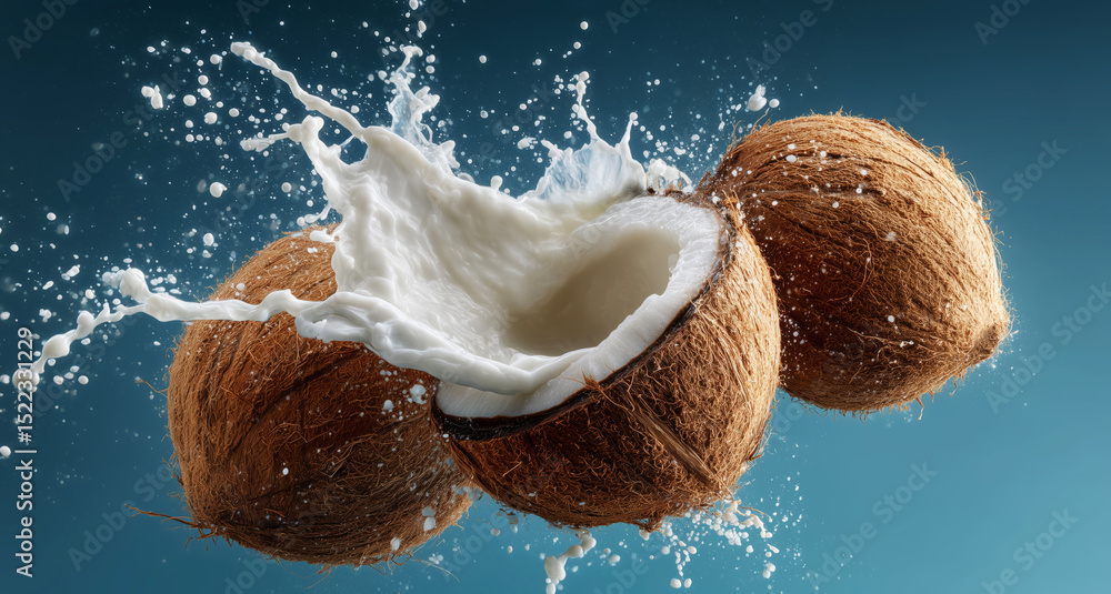 Poster Three coconuts burst open, releasing creamy coconut milk that splashes in every direction. The vibrant backdrop enhances the freshness of the scene, creating an appealing culinary moment.