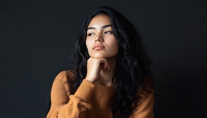 Thoughtful young woman in a contemplative pose.