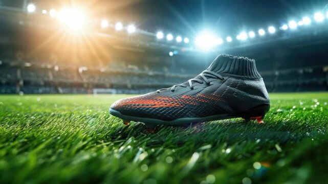 A thrilling soccer match unfolds at a vibrant stadium illuminated by bright lights. The close-up features new footwear resting on the lush green field, adding to the excitement of the event