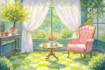 Afternoon in the backyard, pink sofa, artistic painting