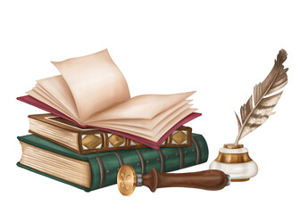 A vintage composition of old ornate hardcover books in a stack, an open empty book, an inkwell with a pen and a wooden stamp. Ancient literature, study, writing, and history. Isolated illustration