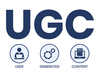UGC. User-generated Content acronym. lettering illustration with icons for web banner, flyer, landing page, presentation, book cover, article, etc.