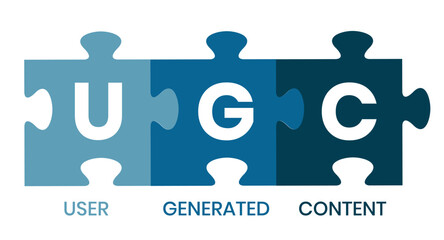 UGC. User-generated Content acronym. lettering illustration with icons for web banner, flyer, landing page, presentation, book cover, article, etc.