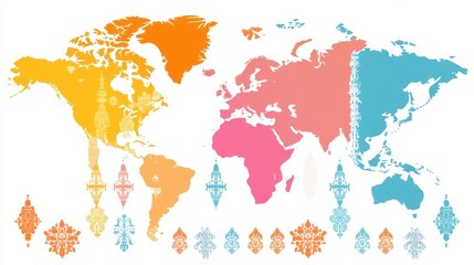 Colorful World Map with Ornate Designs