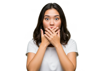 Isolated Portrait Of A Surprised Brunette Woman With Hands Covering Mouth