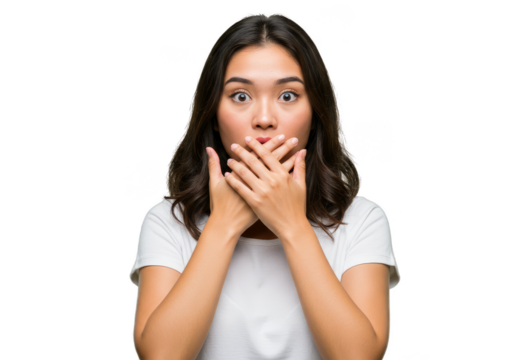 Isolated Portrait Of A Surprised Brunette Woman With Hands Covering Mouth - Powered by Adobe