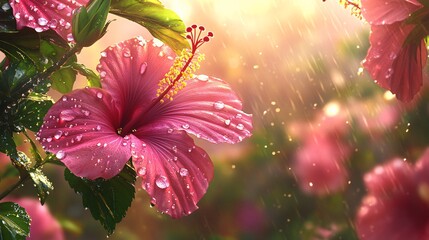 Pink Hibiscus Flower with Water Droplets