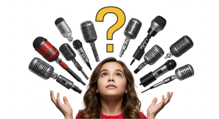 Isolated Portrait Of Girl Thinking With Microphones And Question Mark PNG