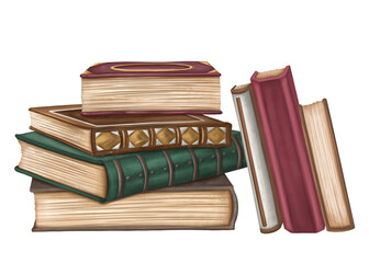 A vintage composition of old ornate hardcover books in a stack. Ancient literature, study, writing, and history. Decor for bookstore, closet, library. Retro cabinets. Isolated illustration