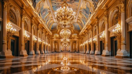 Obraz premium Elegant ballroom with grand chandelier and ornate decor in a historical palace during twilight