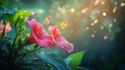 Twin Hibiscus Flowers in Morning Dewlight