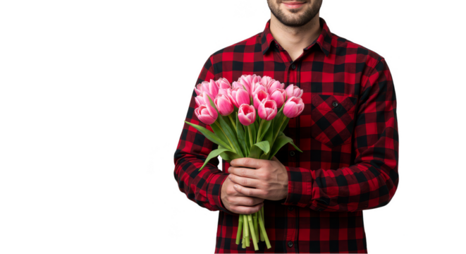 Isolated Portrait of Man in Red Plaid Holding Bouquet of Pink Tulips