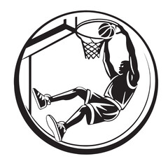 Silhouette of a basketball player hanging on the rim after a dunk, inside a circular badge. Perfect for team mascots, decals, and apparel. © Fadli