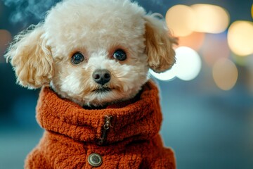 Sad cute baby dog poodle in winter warm clothes, frosty breath f