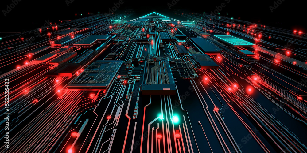 Poster futuristic circuit board with glowing lights and intricate pathways in a dark environment
