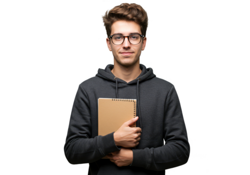 Isolated Portrait of Young Man with Book Wearing Glasses on Transparent