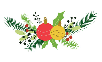 Bright red and yellow Christmas baubles with pine branches, holly leaves, and berries in a festive bouquet. Traditional winter decor. Vector illustration in flat style.